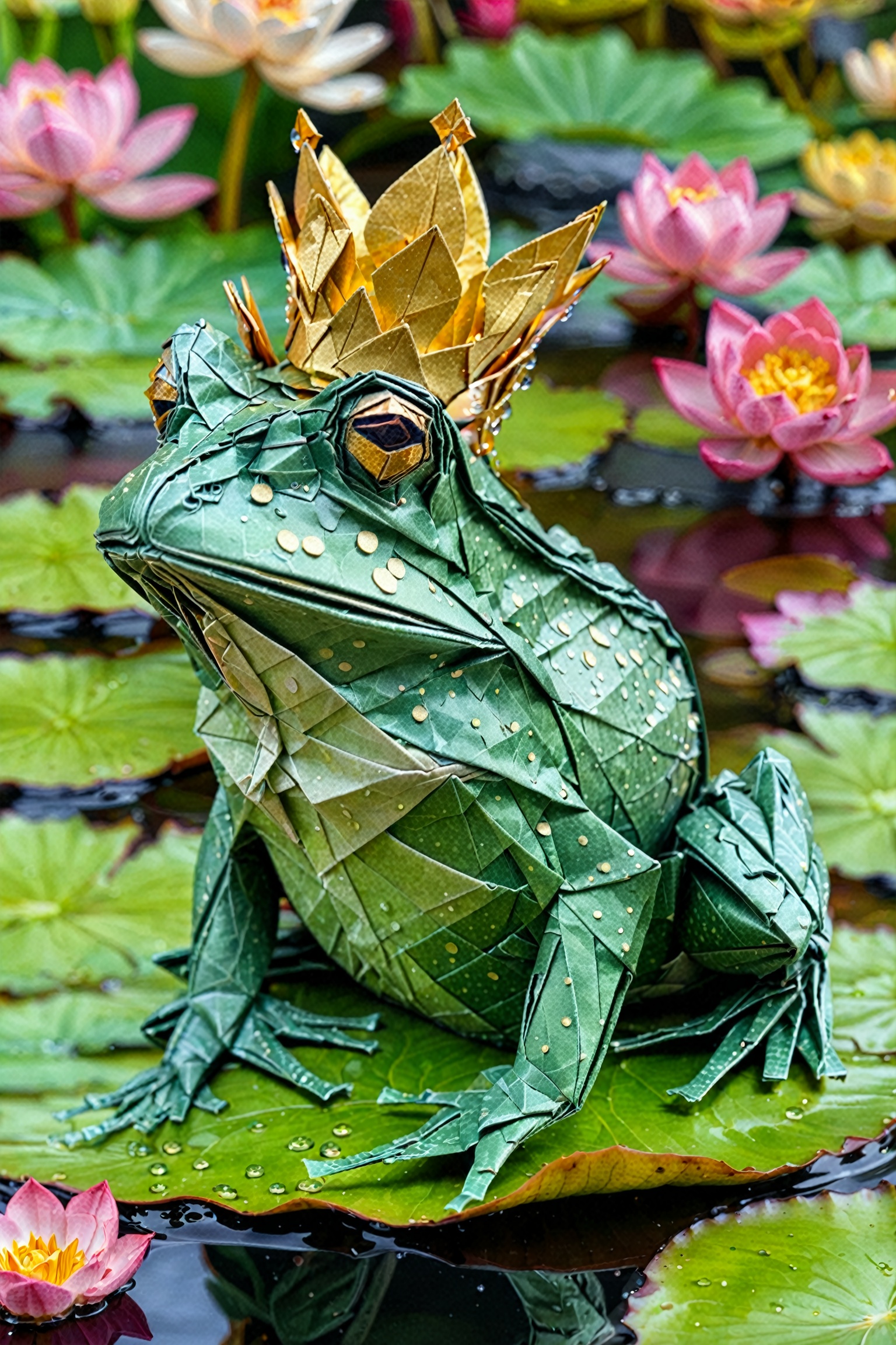 An intricately crafted origami frog,  adorned with a golden crown. The frog is seated on a green leaf,  surrounded by wate...