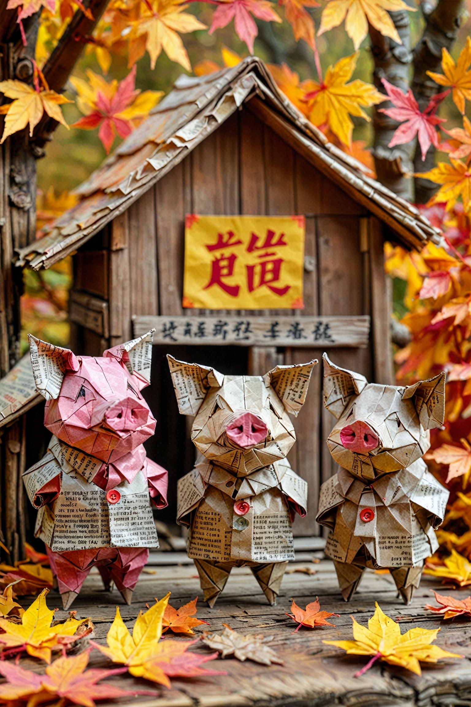 Three origami pig figures standing in front of a rustic wooden hut. The hut has a signboard with Chinese characters. The p...