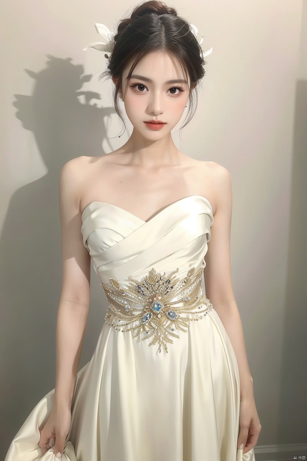 A goddess,dressed in a charming and elegant white Evening dress,fashionable and luxurious,black eyes,standing posture,Complete head and upper body photos,advertising photography,white background,exquisite and realistic,high-definition,8K,perfect facial details,the best quality,