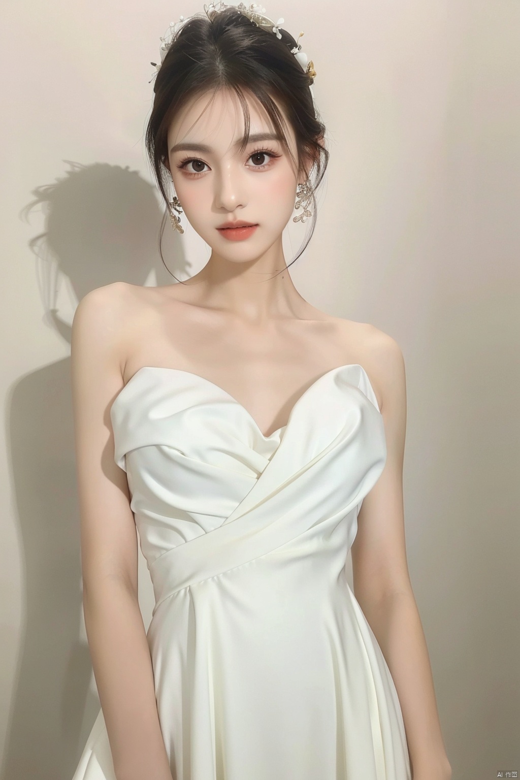 A goddess,dressed in a charming and elegant white Evening dress,fashionable and luxurious,black eyes,standing posture,Complete head and upper body photos,advertising photography,white background,exquisite and realistic,high-definition,8K,perfect facial details,the best quality,