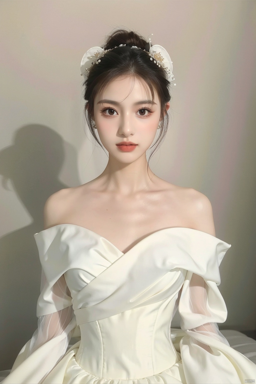 A goddess,dressed in a charming and elegant white Evening dress,fashionable and luxurious,black eyes,standing posture,Complete head and upper body photos,advertising photography,white background,exquisite and realistic,high-definition,8K,perfect facial details,the best quality,