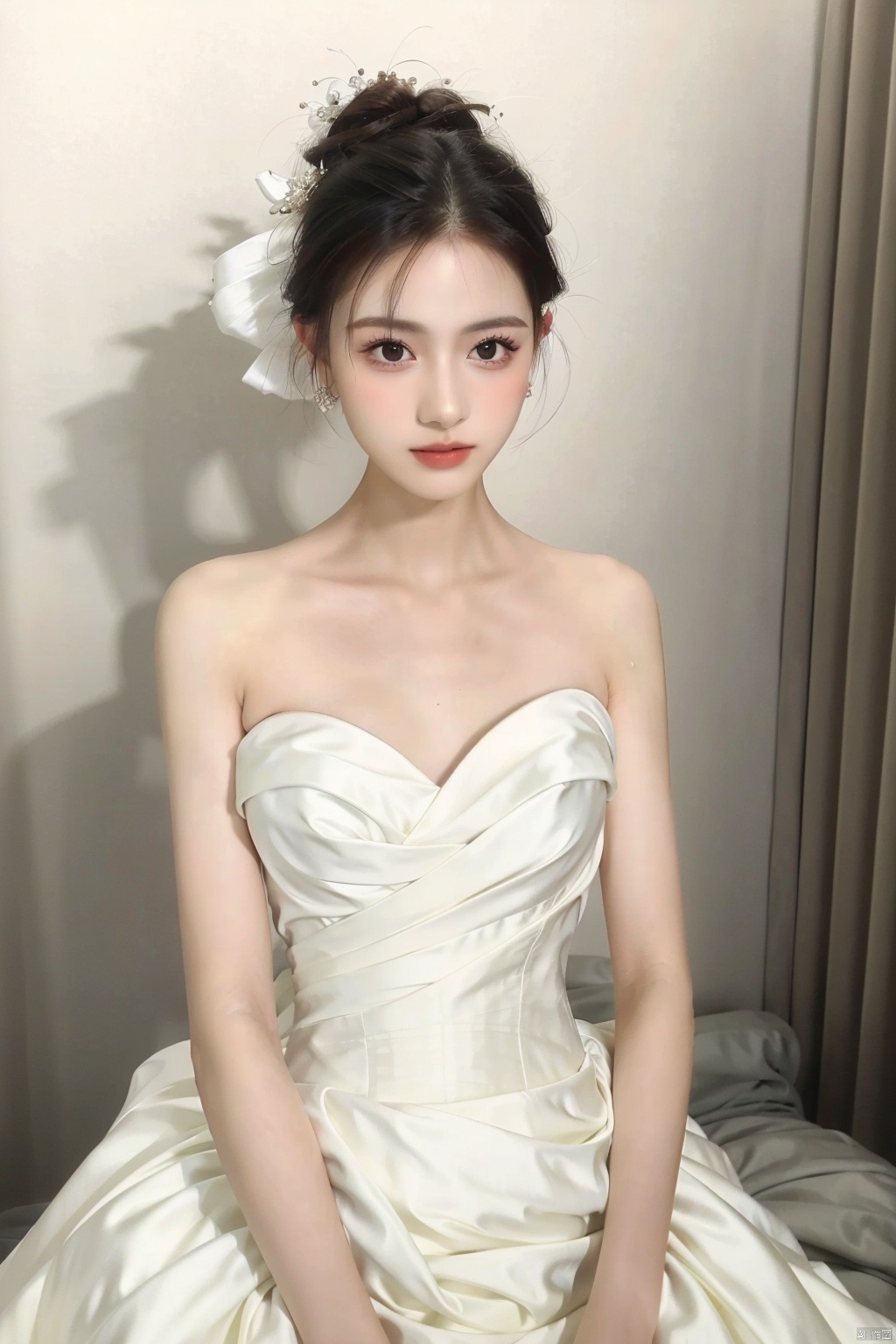 A goddess,dressed in a charming and elegant white Evening dress,fashionable and luxurious,black eyes,standing posture,Complete head and upper body photos,advertising photography,white background,exquisite and realistic,high-definition,8K,perfect facial details,the best quality,