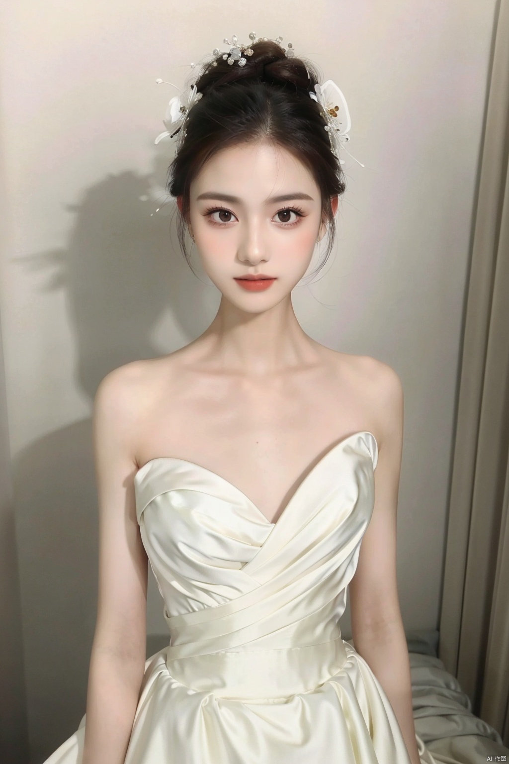 A goddess,dressed in a charming and elegant white Evening dress,fashionable and luxurious,black eyes,standing posture,Complete head and upper body photos,advertising photography,white background,exquisite and realistic,high-definition,8K,perfect facial details,the best quality,