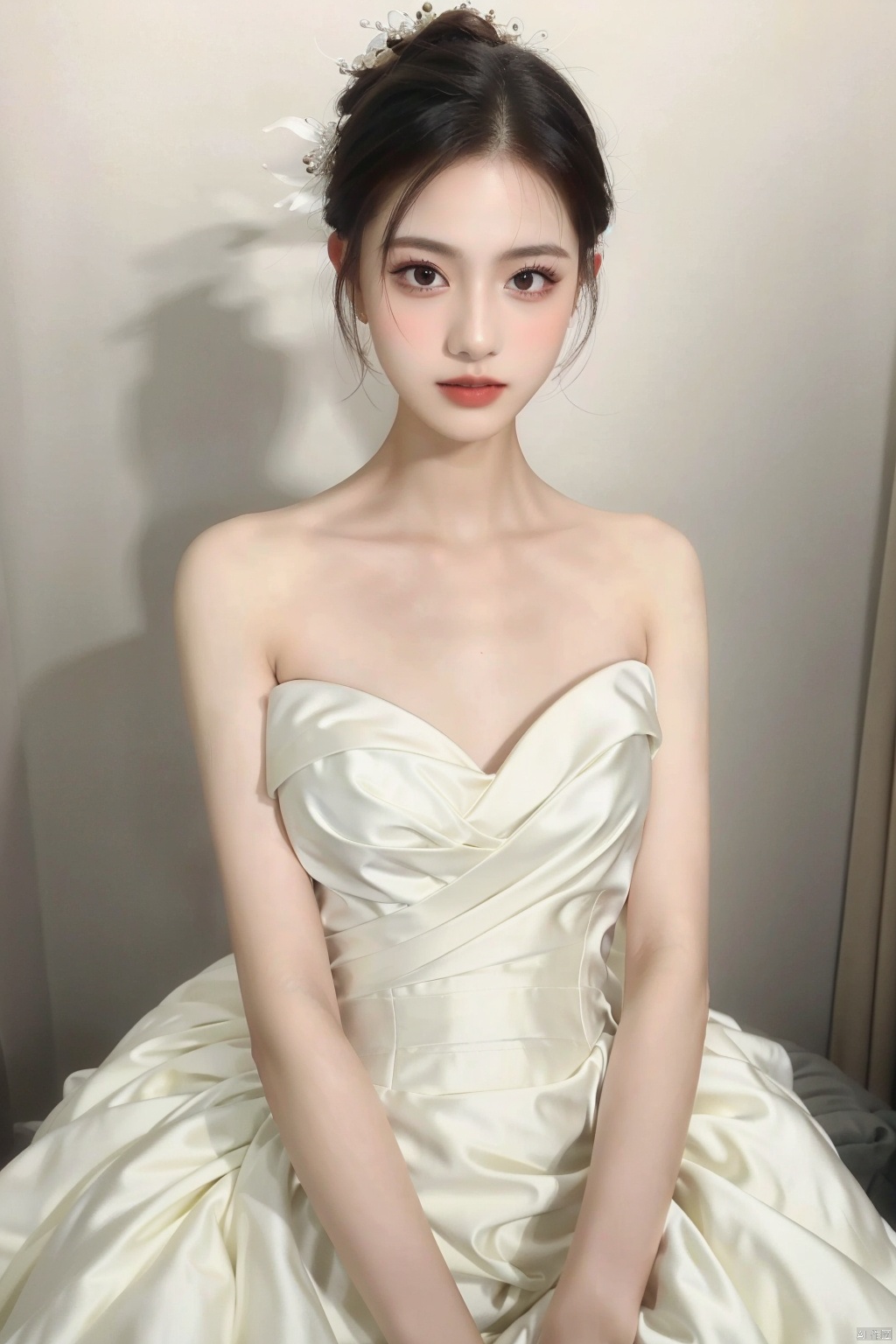 A goddess,dressed in a charming and elegant white Evening dress,fashionable and luxurious,black eyes,standing posture,Complete head and upper body photos,advertising photography,white background,exquisite and realistic,high-definition,8K,perfect facial details,the best quality,