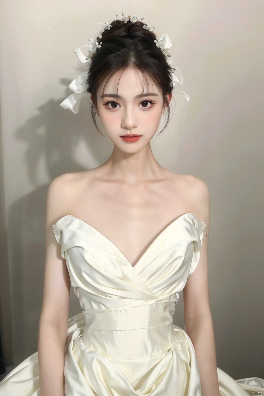 A goddess,dressed in a charming and elegant white Evening dress,fashionable and luxurious,black eyes,standing posture,Complete head and upper body photos,advertising photography,white background,exquisite and realistic,high-definition,8K,perfect facial details,the best quality,