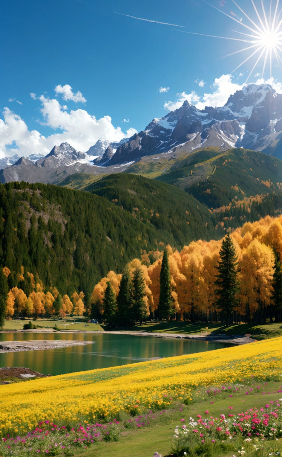 Mountains, lakes, clouds, flowers, sun, master composition, panorama