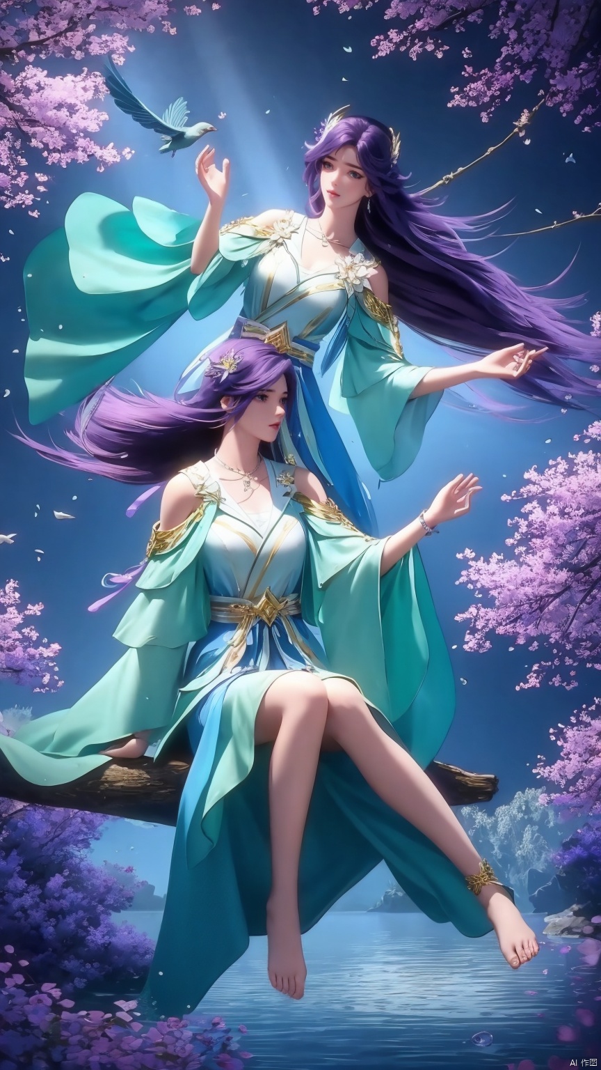 masterpiece,best quality,official art,unity 8k wallpaper,Brilliant colors,exaggerated art,
1girl,solo,,long purple_hair,purple dress,
water, dress, barefoot, anklet, bare legs, jewelry, feet, branch, swing, flower, hair ornament, blue sky, full body, solo, sky, fish, soles, sitting, splashing, bird, toes, green dress