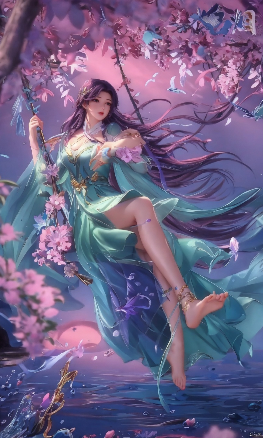 masterpiece,best quality,official art,unity 8k wallpaper,Brilliant colors,exaggerated art,
1girl,solo,,long purple_hair,purple dress,
water, dress, barefoot, anklet, bare legs, jewelry, feet, branch, swing, flower, hair ornament, blue sky, full body, solo, sky, fish, soles, sitting, splashing, bird, toes, green dress
