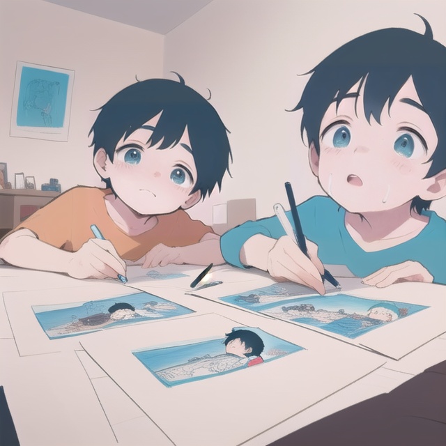 2 boys,  bear cry Two boys hold pens and perform 4-color comic drawings in the style of electronic painting,  expressing s...