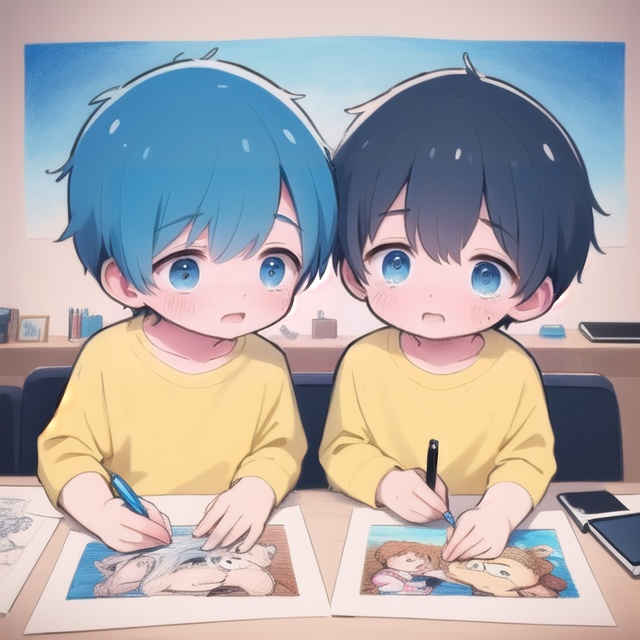 2 boys,  bear cry Two boys hold pens and perform 4-color comic drawings in the style of electronic painting,  expressing s...
