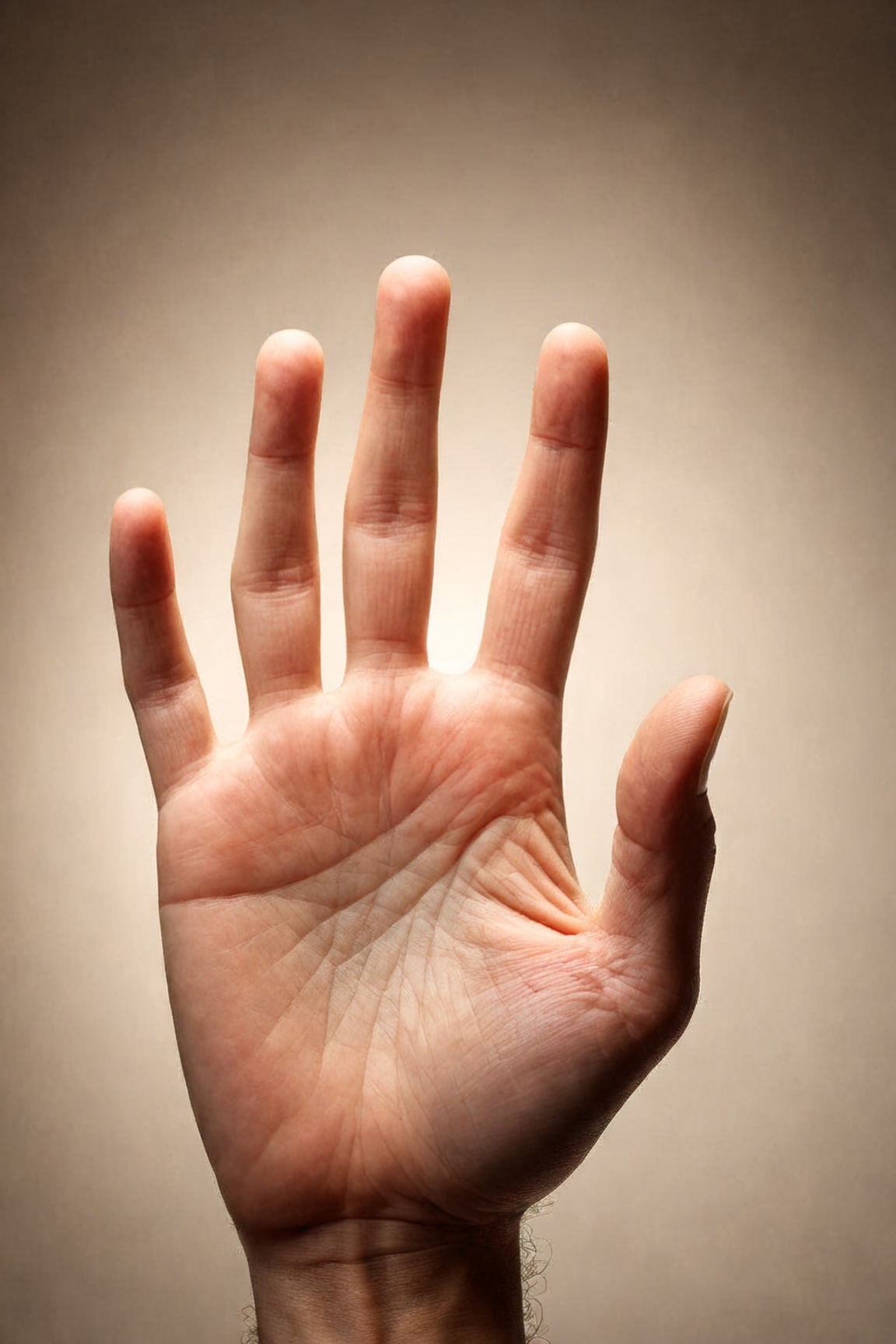 A close-up shot of a person's right hand,  palm facing upwards,  with the thumb held in a triumphant up gesture. The hand...