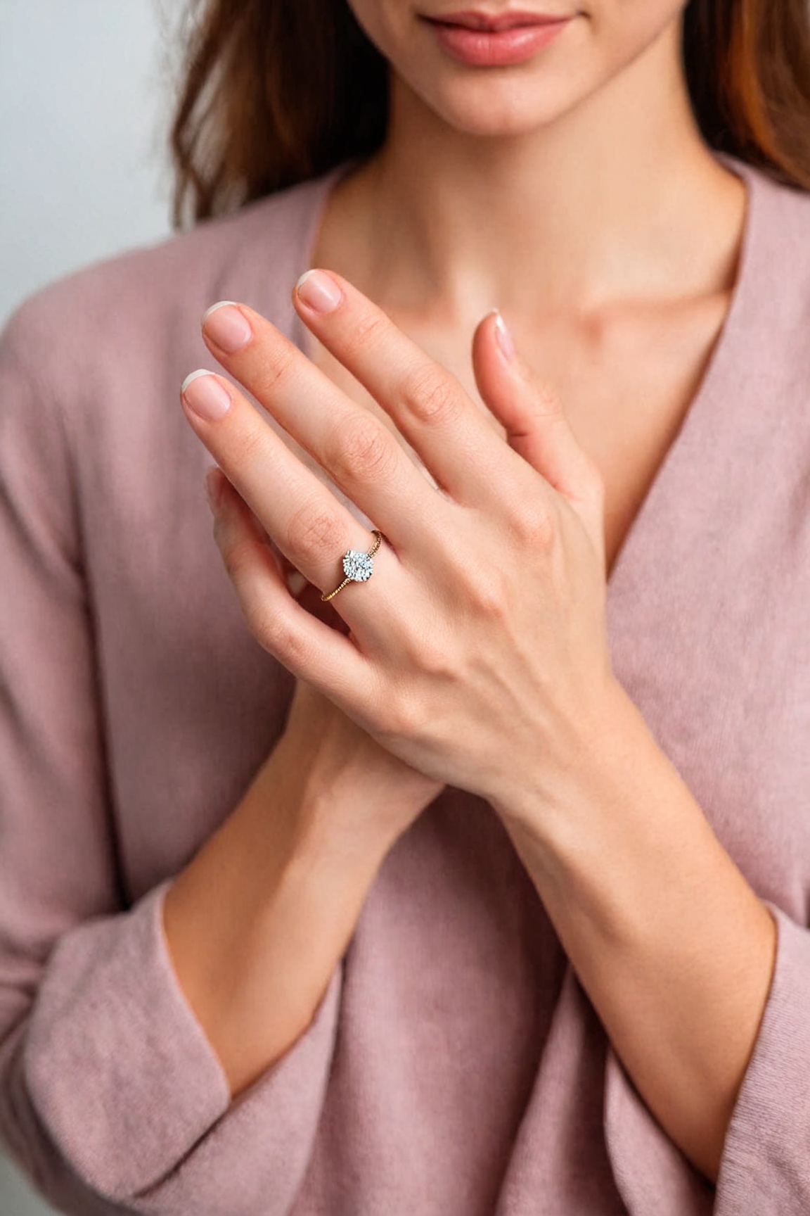 a woman holding her hands together with a ring on her finger perfect finger,  hand on Tensor.Art
