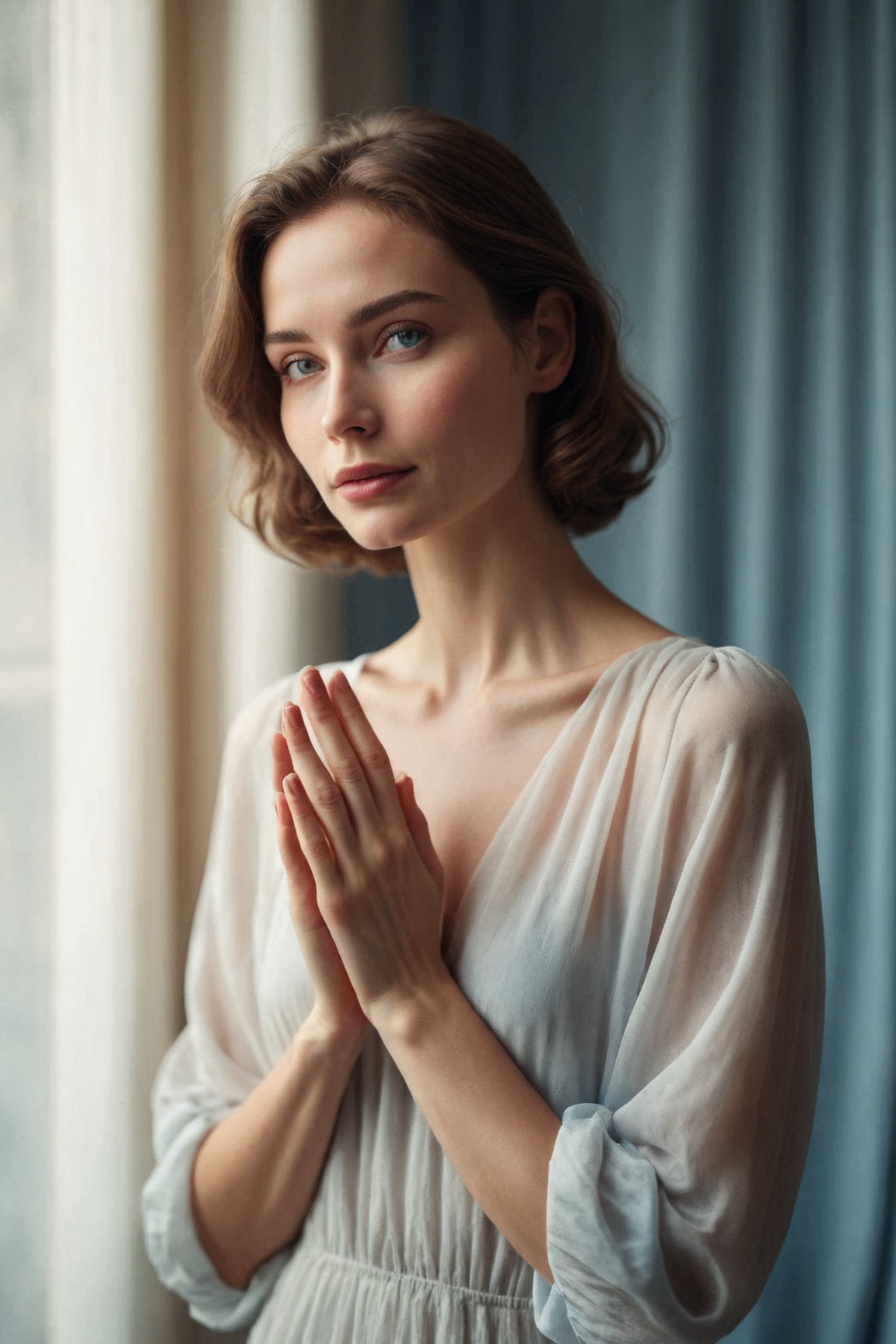 A surreal portrait of a woman standing in a dimly lit,  cream-colored room with a subtle gradient of blue hues. She's posi...