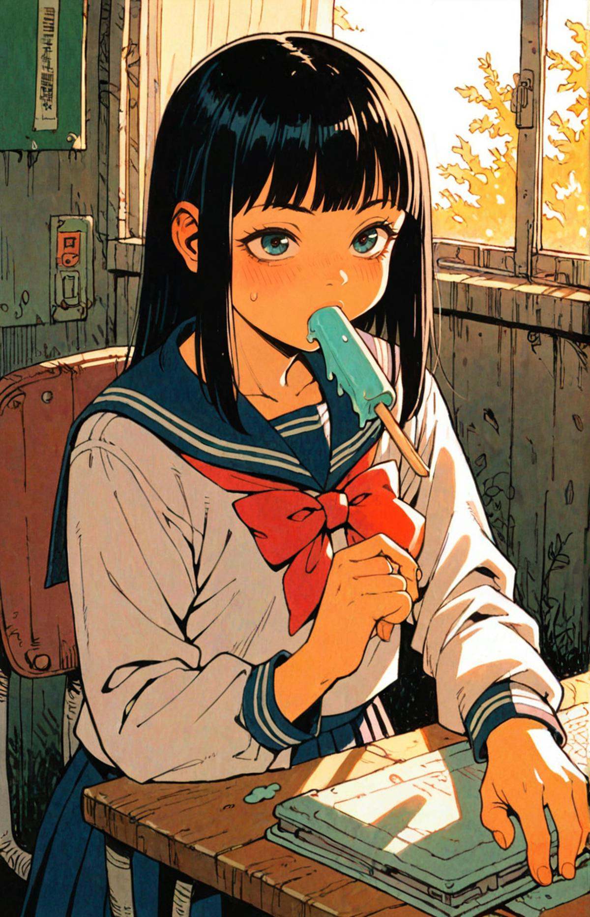 1girl,black hair,school uniform,solo,obslete computers,tatsuyuk,sucking Popsicle<lora:Perfect Hands:1>   <lora:age_slider_v4:-3>  <lora:tatsuyuk:0.7>, score_9, score_8_up, score_7_up, score_6_up, score_5_up, score_4_up,zPDXL