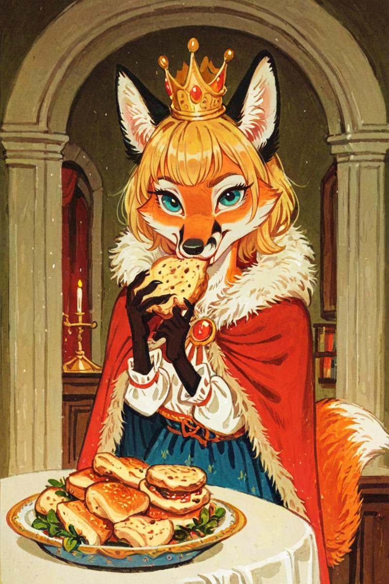 anthro fox girl,blonde hair,princess,(solo:1.5),indoors,crown, Trepenok,cape,portrait, Eating lunch,looking at viewer, <lora:Trepenok:0.8>  <lora:age_slider_v4:-3> <lora:Perfect Hands:1>, score_9, score_8_up, score_7_up, score_6_up, score_5_up, score_4_up,zPDXL