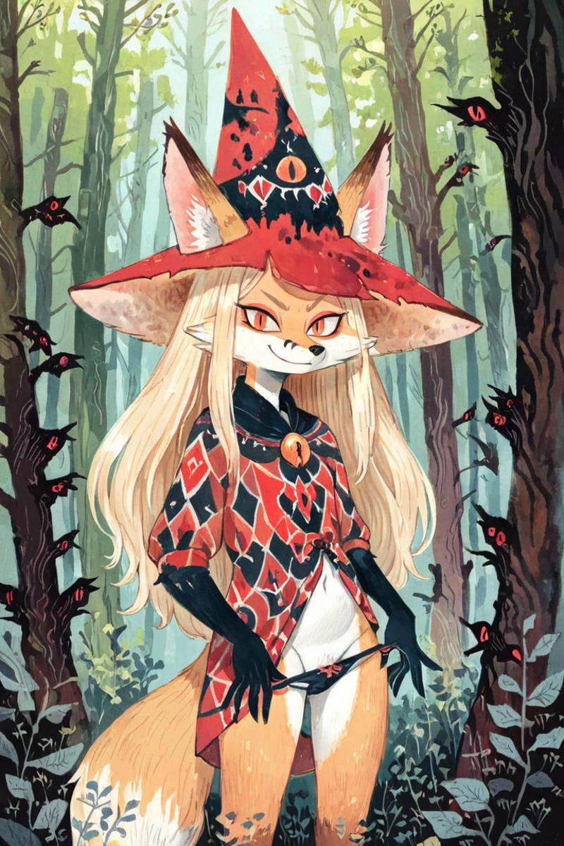 (anthro fox girl:1.4),(blonde hair:1.2),(solo:1.5),ameli,evil smile, forest,red witch outfit and hat,(cowboy shot:1.2), looking at viewer, panty_pull <lora:Perfect Hands:1> <lora:age_slider_v4:-1> <lora:Ameli:0.85>, score_9, score_8_up, score_7_up, score_6_up, score_5_up, score_4_up,zPDXL