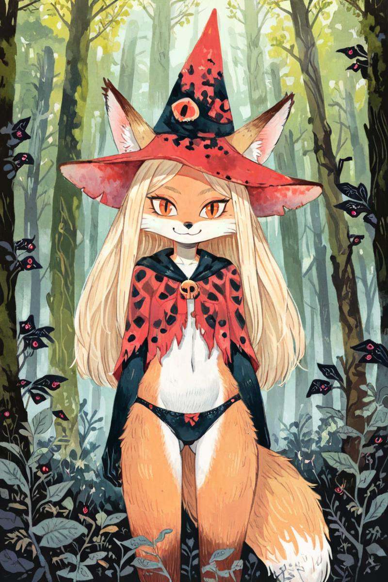(anthro fox girl:1.4),(blonde hair:1.2),(solo:1.5),ameliforest,red witch outfit and hat,(cowboy shot:1.2), looking at viewer, smile,panties, <lora:Perfect Hands:1> <lora:age_slider_v4:-2> <lora:Ameli:0.85>, score_9, score_8_up, score_7_up, score_6_up, score_5_up, score_4_up,zPDXL