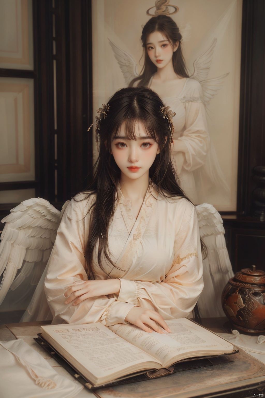 1girl, solo, long hair, looking at viewer, bangs, blonde hair, shirt, long sleeves, closed mouth, white shirt, upper body, wings, orange eyes, book, halo, crossed arms, feathered wings, angel wings, paper, white wings, angel, pen, book stack, quill
