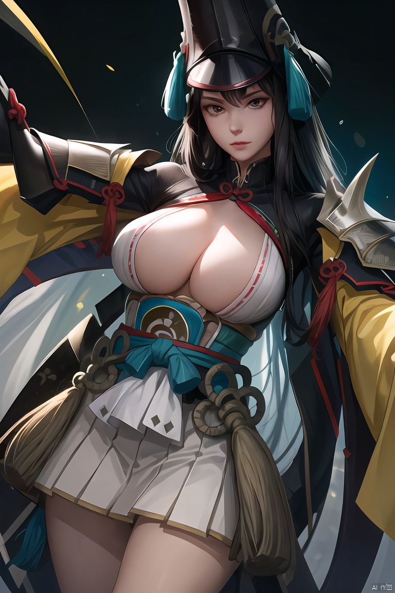 
((masterpiece)), (((best quality))), ((ultra-detailed)), (highly detailed), extremely detail description, ultra-fine painting, ((illustration)), professional, vivid colors, highres, sharp focus, cowboy shot, front view, straight-on, fcPortrait, 1girl, solo, mature female, milf, slut, looking at viewer,1girl,solo,Armor, Japanese armor,Black Armor, Japanese dress, pleated skirt, long black hair, hat, high hat,Breast-baring outfit,Yellow Sleeve,Thorns on the back