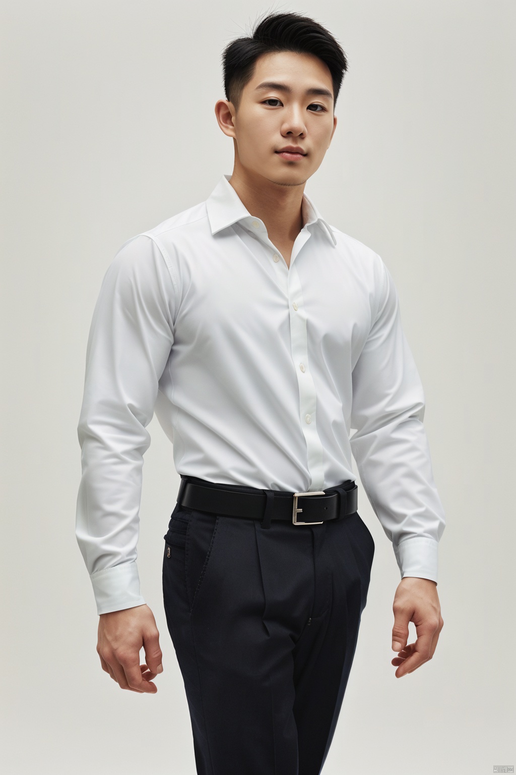 masterpiece,1 Man,28 years old,male focus,looking at viewer,black hair,Muscular development,white shirt,belt,Black pants,Thick thigh,realistic,Portrait Photogram,Photorealistic,ccurate,best quality,Long Exposure,