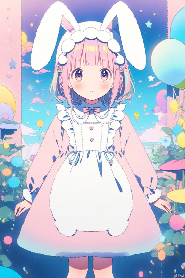 A woman wearing a fluffy bunny costume and big bunny ears, full body shot, wide angle, cute and childlike expression, professional portrait, ultra-fine 8K, high resolution, detailed facial features, detailed clothing, soft lighting, whimsical, fantasy, pastel colors, cute, loli,jjmx, Magazine cover