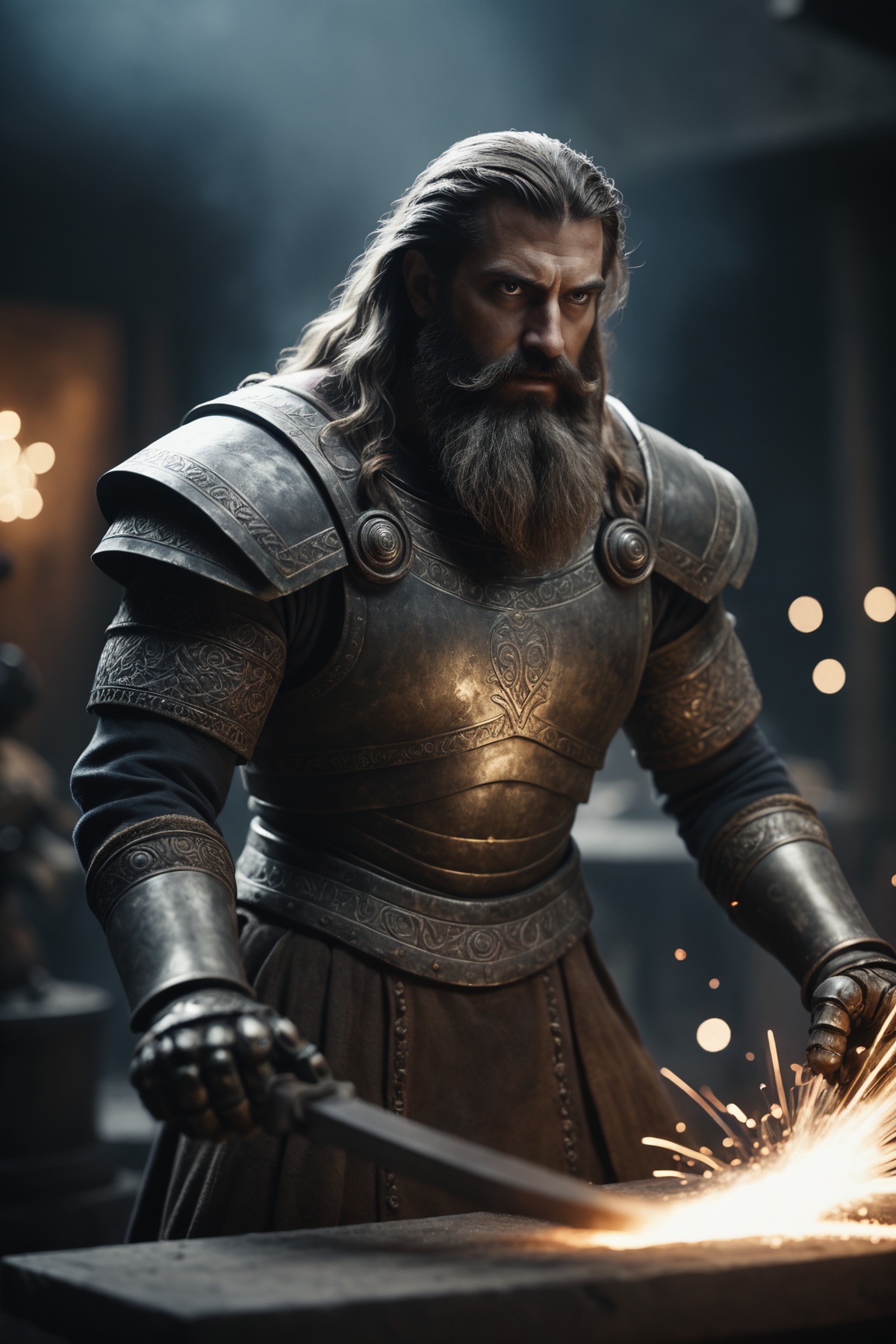 cinematic film still cinematic photo Awardwinning epic cinestil from hephaistos doing blacksmith work,  flying sparks,  an...