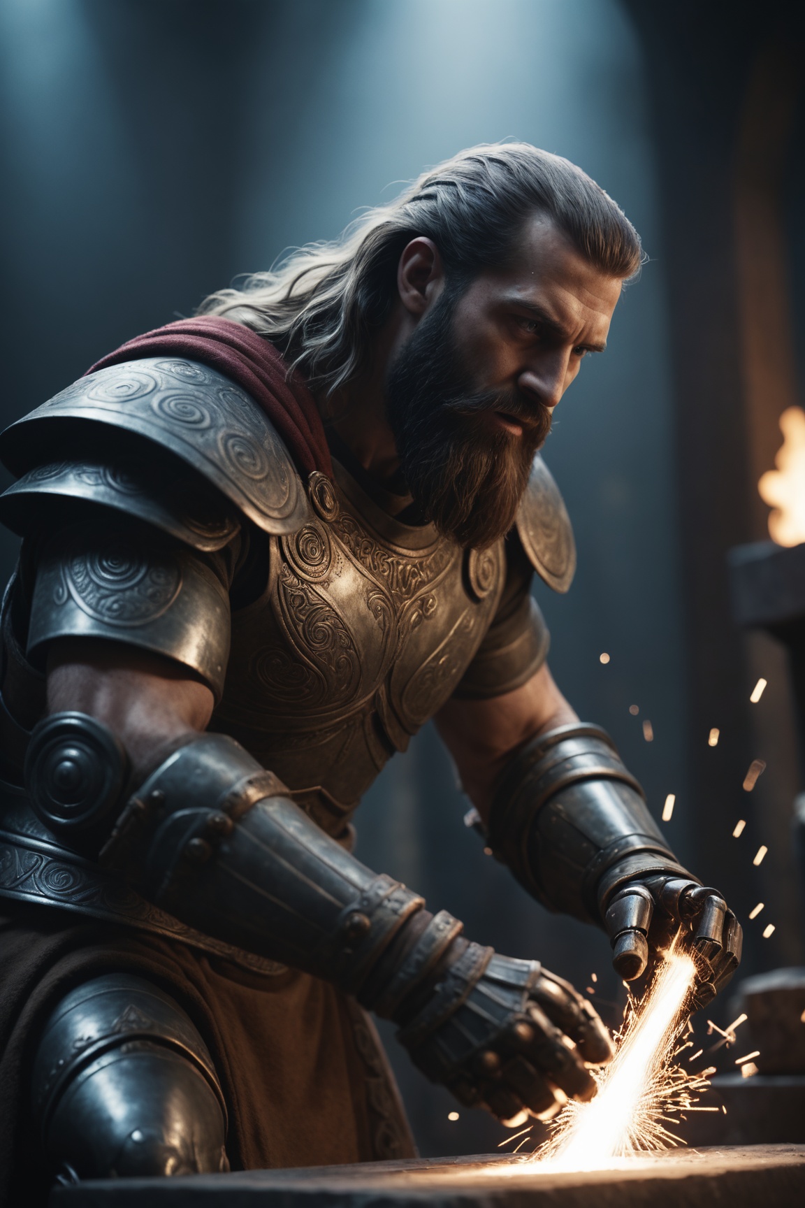 cinematic film still cinematic photo Awardwinning epic cinestil from hephaistos doing blacksmith work,  flying sparks,  an...