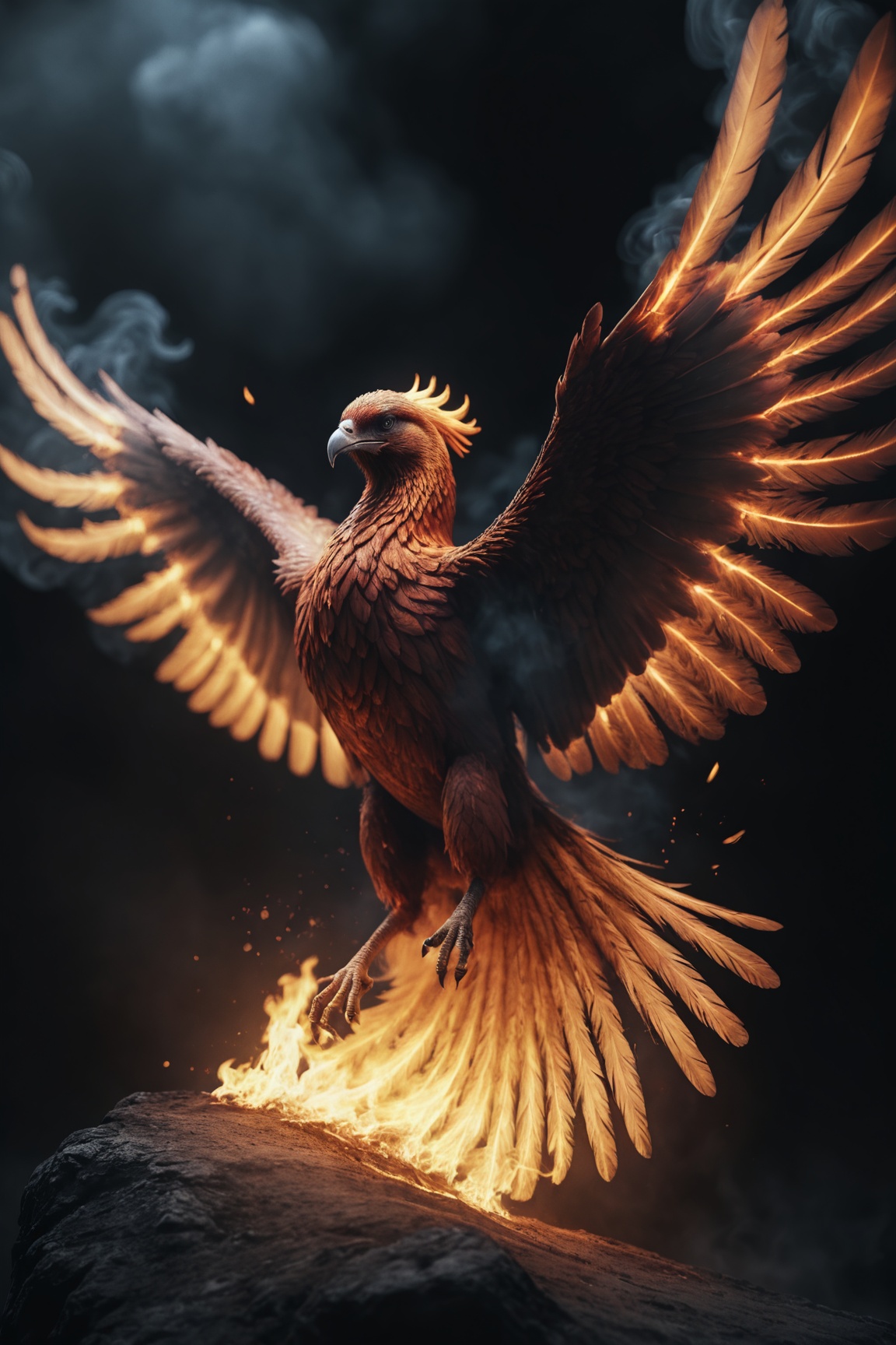photo,  a burning phoenix,  flying burning feathers on Tensor.Art