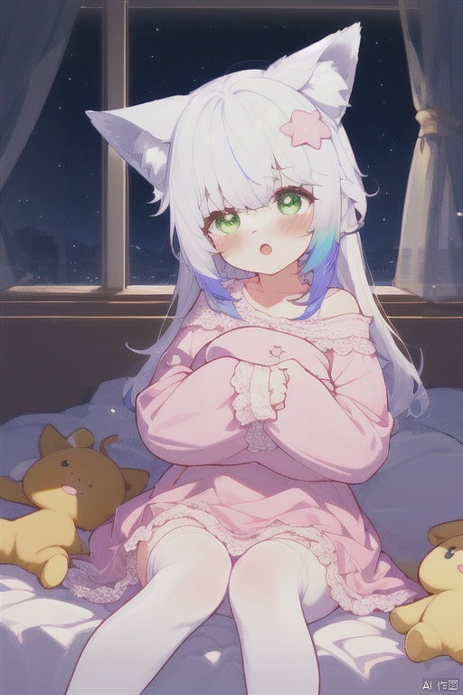1girl, solo, long hair, looking at viewer, blush, open mouth, bangs, thighhighs, long sleeves, dress, animal ears, sitting, green eyes, purple hair, white hair, multicolored hair, sky, indoors, off shoulder, :o, white thighhighs, animal ear fluff, pillow, symbol-shaped pupils, fox ears, window, bed, gradient hair, night, feet out of frame, on bed, stuffed toy, star \(sky\), pink dress, night sky, pink shirt, character doll, loli