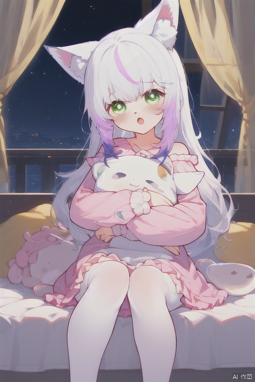 1girl,chibi,cute, solo, long hair, looking at viewer, blush, open mouth, bangs, thighhighs, long sleeves, dress, animal ears, sitting, green eyes, purple hair, white hair, multicolored hair, sky, indoors, off shoulder, :o, white thighhighs, animal ear fluff, pillow, symbol-shaped pupils, fox ears, window, bed, gradient hair, night, feet out of frame, on bed, stuffed toy, star \(sky\), pink dress, night sky, pink shirt, character doll, loli