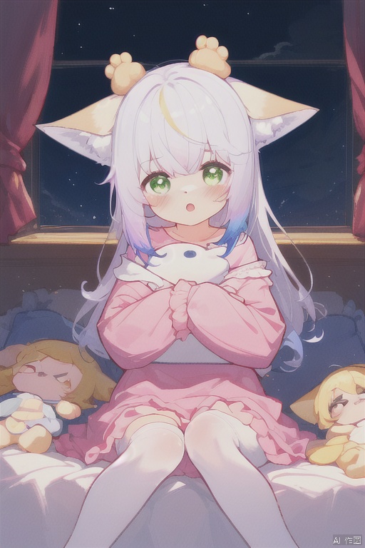solo,1girl,child,chibi,cute, solo, long hair, looking at viewer, blush, open mouth, bangs, thighhighs, long sleeves, dress, animal ears, sitting, green eyes, purple hair, white hair, multicolored hair, sky, indoors, off shoulder, :o, white thighhighs, animal ear fluff, pillow, symbol-shaped pupils, fox ears, window, bed, gradient hair, night, feet out of frame, on bed, stuffed toy, star \(sky\), pink dress, night sky, pink shirt, character doll