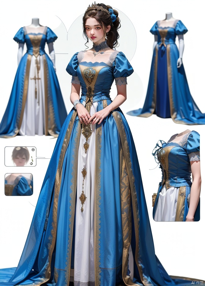Theme, (Masterpiece), (Best Quality), (Detail), ((Color Splash)), 1 Girl, Solo, blue style costume,Bluish grey dress,long hair,brown Hair,big blue eyes,looking at viewer,white background,full body,Game of Thrones,Medieval dress,magnificent,elegance,magnificent,jewelery,Puff sleeve,Short sleeve