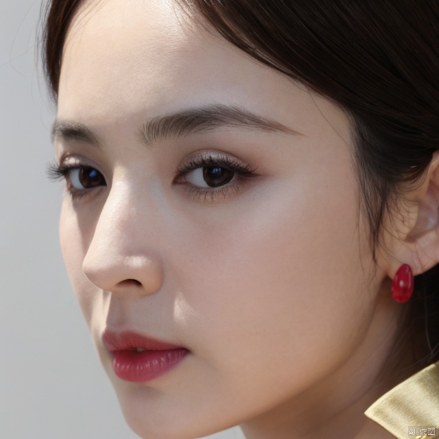 nazha,1girl, solo, jewelry, earrings, parted lips, bare shoulders, lips, realistic, looking at viewer, makeup, simple background, collarbone, ponytail, portrait, eyelashes, red lips, lipstick, upper body, hoop earrings,face focus,ultra-detailed,detailed skin texture,((light_smile:1.1)),ultra high res,((RAW photo,best quality, masterpiece:1.2)),((photorealistic,realistic,8K:1.33)),nazha