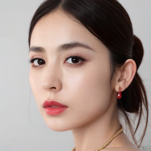 nazha,1girl, solo, jewelry, earrings, parted lips, bare shoulders, lips, realistic, looking at viewer, makeup, simple background, collarbone, ponytail, portrait, eyelashes, red lips, lipstick, upper body, hoop earrings,face focus,ultra-detailed,detailed skin texture,((light_smile:1.15)),ultra high res,((RAW photo,best quality, masterpiece:1.2)),((photorealistic,realistic,8K:1.33)),nazha