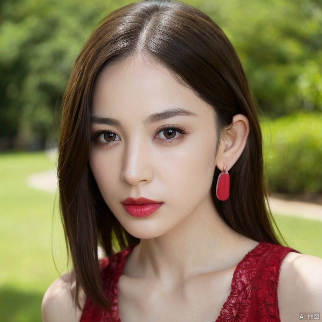 nazha,1girl, solo, jewelry, earrings, parted lips, bare shoulders, lips, realistic,{{front view:1.3}}, looking at viewer, makeup, simple background,collarbone,updo, portrait, eyelashes, red lips, lipstick, upper body, hoop earrings,ultra-detailed,detailed skin texture,((light_smile:1.15)),ultra high res,((RAW photo,best quality, masterpiece:1.2)),((photorealistic,realistic,8K:1.33)),nazha