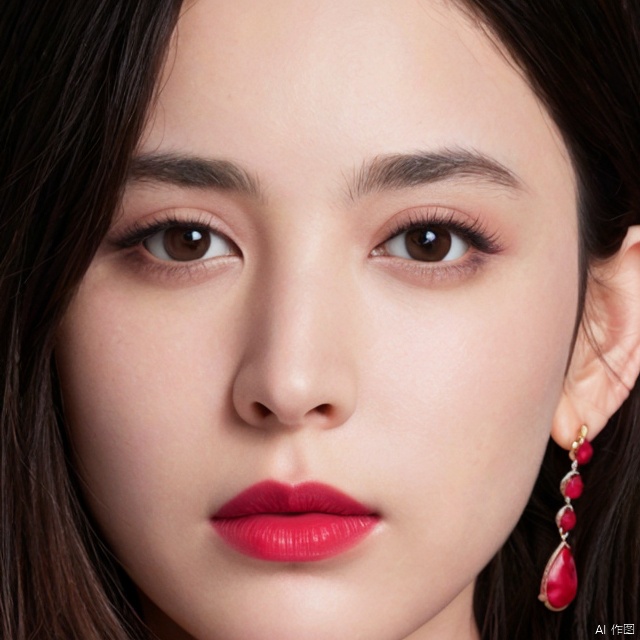 High detail RAW color portrait of gorgeous woman,nazha,1girl, solo, jewelry, earrings, parted lips, bare shoulders, lips, realistic,{{front view:1.3}}, looking at viewer, makeup, simple background,collarbone,updo, portrait, eyelashes, red lips, lipstick, upper body, hoop earrings,ultra-detailed,detailed skin texture,((light_smile:1.25)),ultra high res,((RAW photo,best quality, masterpiece:1.2)),((photorealistic,realistic,8K:1.33)),nazha,