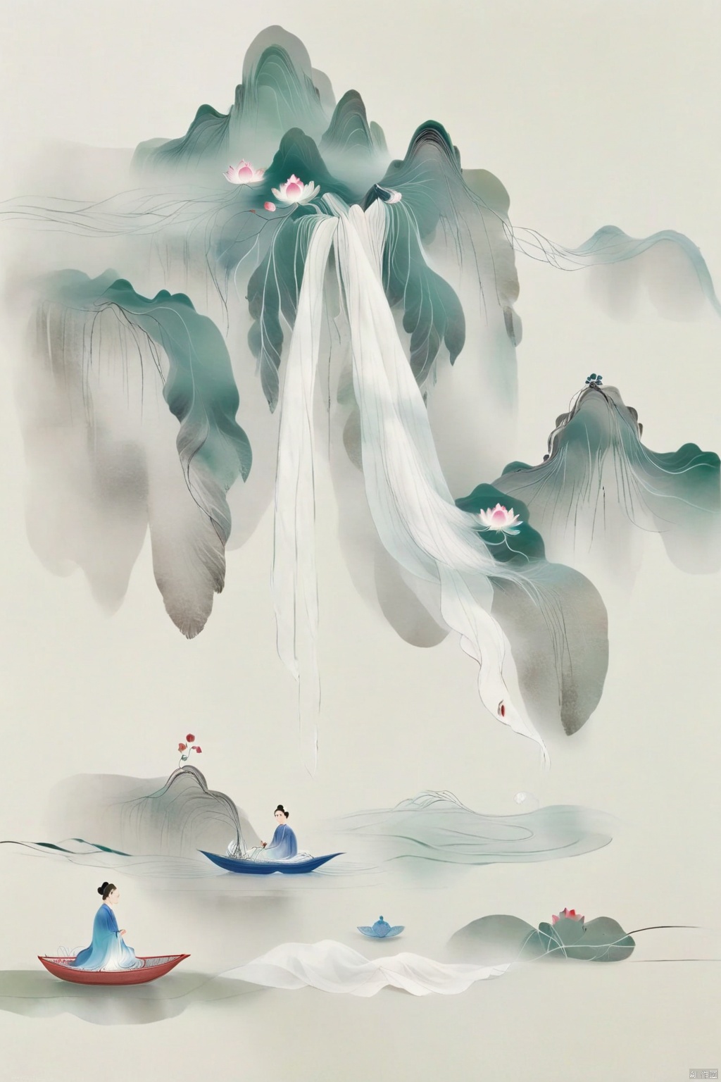 One hand, pick up the lotus, beautiful illustration,Chen Jialeng, ancient white, dynamic ink painting, tie-dye, X-ray, a leaf boat, translucent silk stacking, gauze curtain landscape stacking, light yarn, tulle, organza, film poster composition, story sense, dispersion gradient