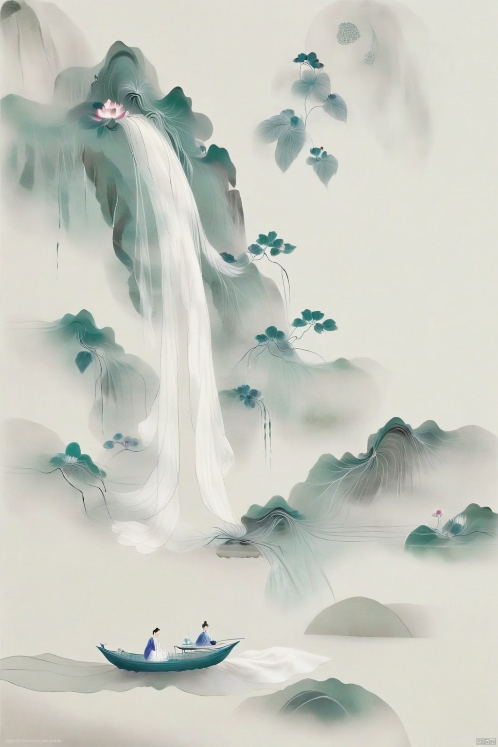 One hand, pick up the lotus, beautiful illustration,Chen Jialeng, ancient white, dynamic ink painting, tie-dye, X-ray, a leaf boat, translucent silk stacking, gauze curtain landscape stacking, light yarn, tulle, organza, film poster composition, story sense, dispersion gradient