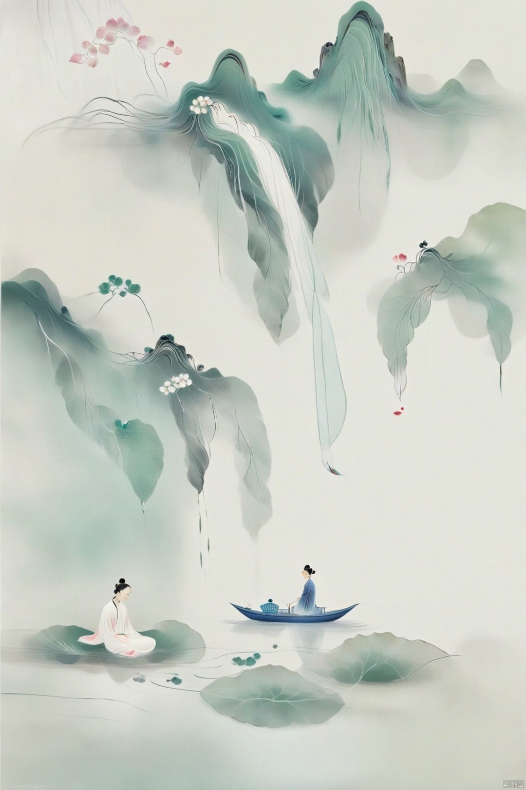 One hand, pick up the lotus, beautiful illustration,Chen Jialeng, ancient white, dynamic ink painting, tie-dye, X-ray, a leaf boat, translucent silk stacking, gauze curtain landscape stacking, light yarn, tulle, organza, film poster composition, story sense, dispersion gradient