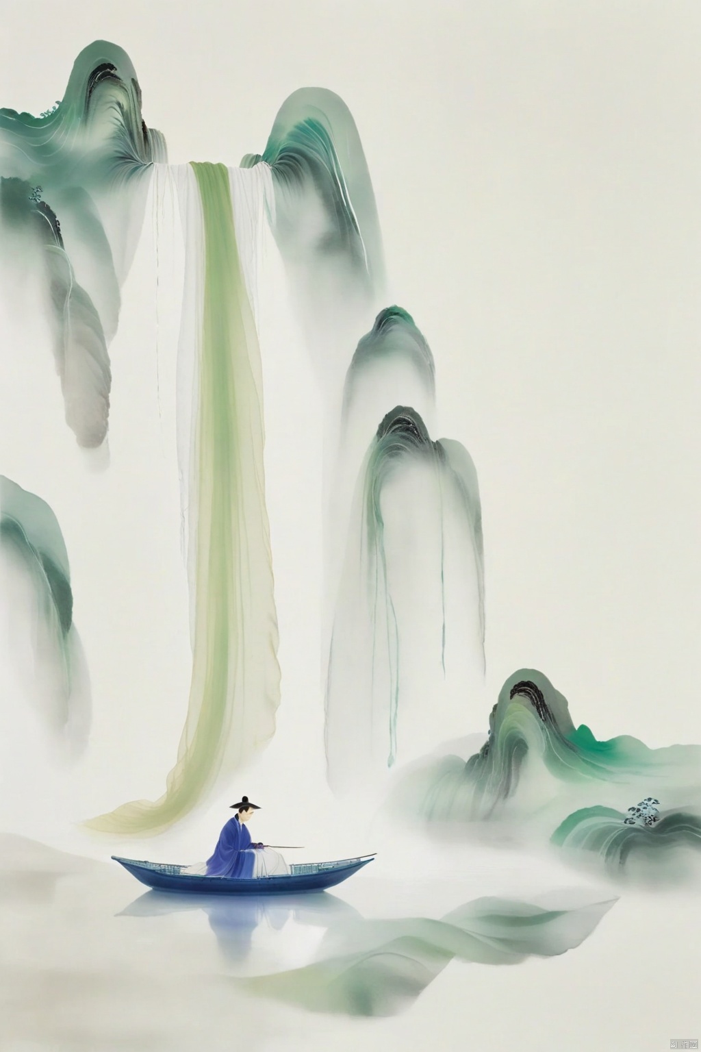 Chen Jialeng, ancient white, dynamic ink painting, tie-dye, X-ray, a leaf boat, translucent silk stacking, gauze curtain landscape stacking, light yarn, tulle, organza, film poster composition, story sense, dispersion gradient