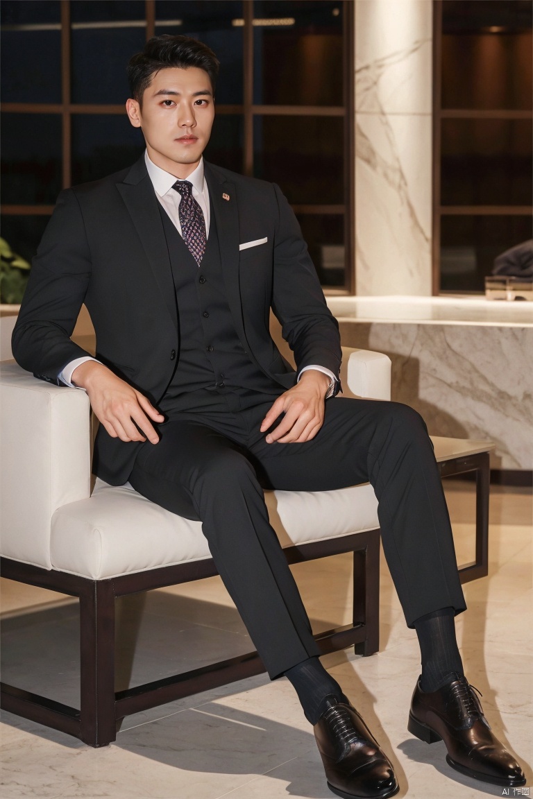  jzns,1man,male focus,asian,exquisite facial features,handsome,formal suit,necktie,pants,(sheer socks),footwear,sitting,crossed legs,Volumetric lighting,blurry,full shot,masterpiece, realistic, best quality, highly detailed, Ultra High Resolution,profession, zuk