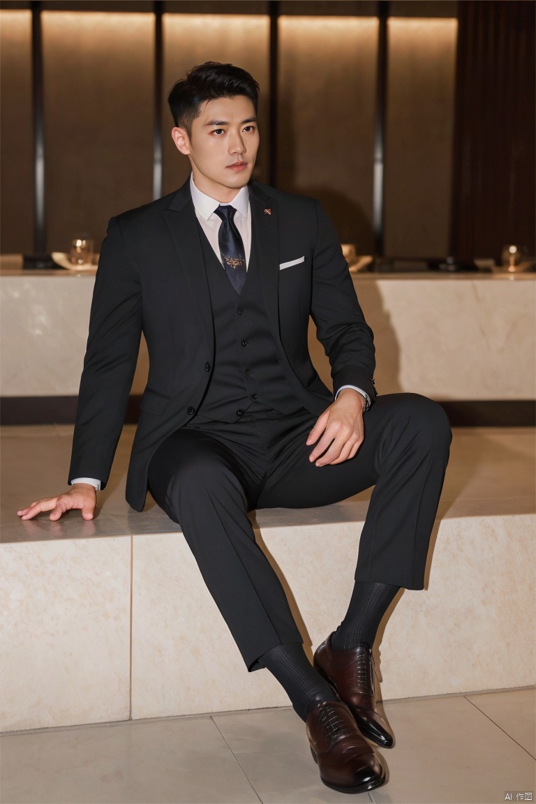  jzns,1man,male focus,asian,exquisite facial features,handsome,formal suit,necktie,pants,(sheer socks),footwear,sitting,Volumetric lighting,blurry,full shot,masterpiece, realistic, best quality, highly detailed, Ultra High Resolution,profession, zuk