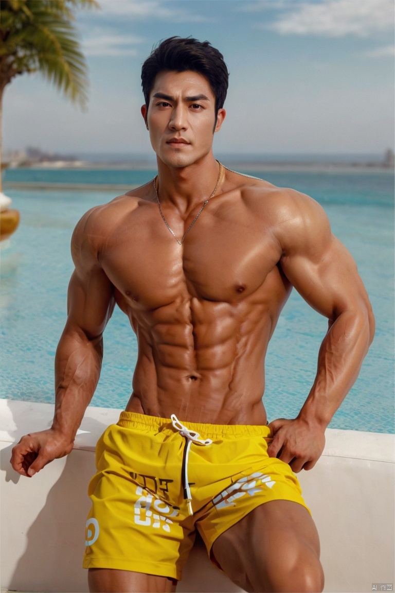 jzns,chg,1man,asian,exquisite facial features,charming eyes, male focus, solo, muscular, pectorals, abs, looking at viewer, swimwear, necklace, abs,masterpiece,realistic,best quality,highly detailed, jzns, jznssw,chg