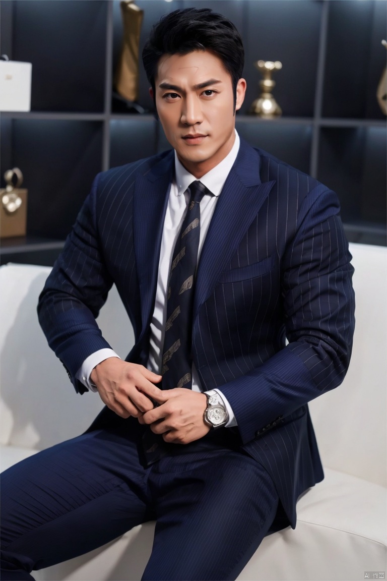 jzns,chg,1man,asian,handsome,charming eyes, necktie, solo, male focus, watch, formal, wristwatch, suit, shirt, pants, sitting,,masterpiece,realistic,best quality,highly detailed, jzns,chg