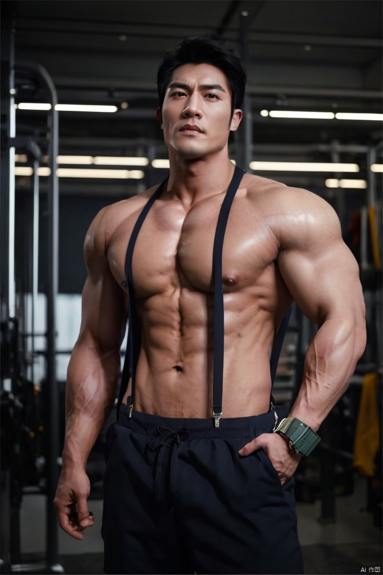 1man,Asian,solo,male focus,exquisite facial features,handsome,charming,muscular,topless,Suspenders,dimly lit,masterpiece,realistic,best quality,highly detailed, jzns, jznssw,chg