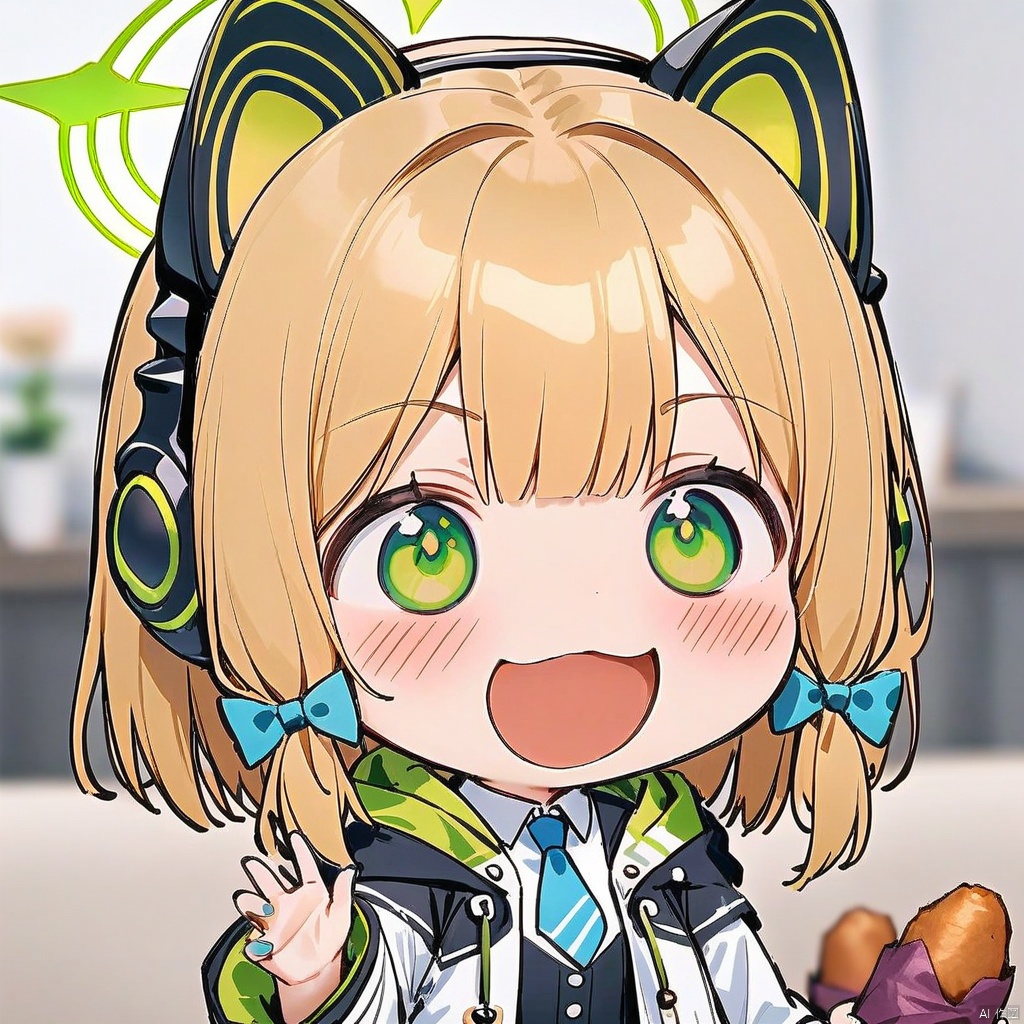 smile, :d, chibi,full body, 1girl, (masterpiece),(best quality),1girl,midori \(blue archive\),blue archive,aiamu iamu,holding food,holding,hooded jacket,food,sidelocks,:d,collared shirt,blurry,long sleeves,puffy sleeves,headphones,blue bow,hand up,necktie, halo,looking at viewer,jacket,sleeves past wrists,blush,nail polish,blue necktie,animal ear headphones,blurry background,blonde hair,shirt,green eyes,hood down,open clothes,depth of field,hood,smile,white jacket,fake animal ears,bow,puffy long sleeves,open jacket,solo,dress shirt,animal ears,white shirt,blue nails,hair bow,long hair,drawstring,sweet potato,