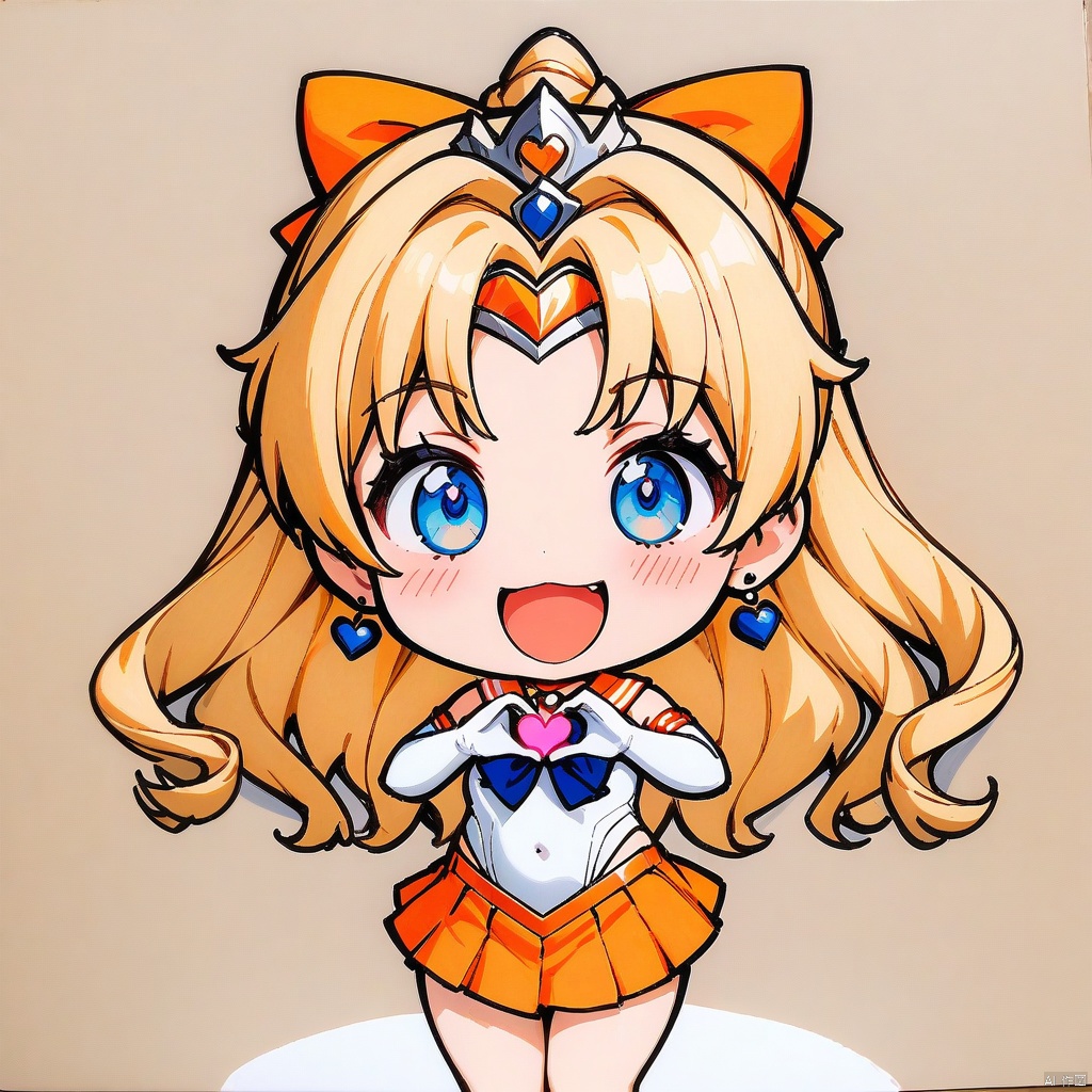 smile, :d, chibi,full_body,(masterpiece),(best quality),1girl,sailor venus,masterpiece,best quality,very aesthetic,absurdres,aavenus,long hair,blonde hair,hair bow,tiara,blue eyes,earrings,orange choker,collarbone,orange sailor collar,blue bowtie,white shirt,white leotard,elbow gloves,white gloves,pleated skirt,orange skirt,heart hands,traditional media,