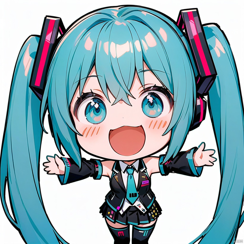 smile, :d, chibi,(masterpiece),(best quality),1girl, hatsune miku, twintails, necktie, solo, skirt, shirt, aqua hair, black skirt, aqua eyes, detached sleeves, long hair, sleeveless, white shirt, open mouth, white background, aqua necktie, black sleeves, sleeveless shirt, outstretched arms, very long hair, blush stickers, pleated skirt, hair ornament, miniskirt, bare shoulders, musical note