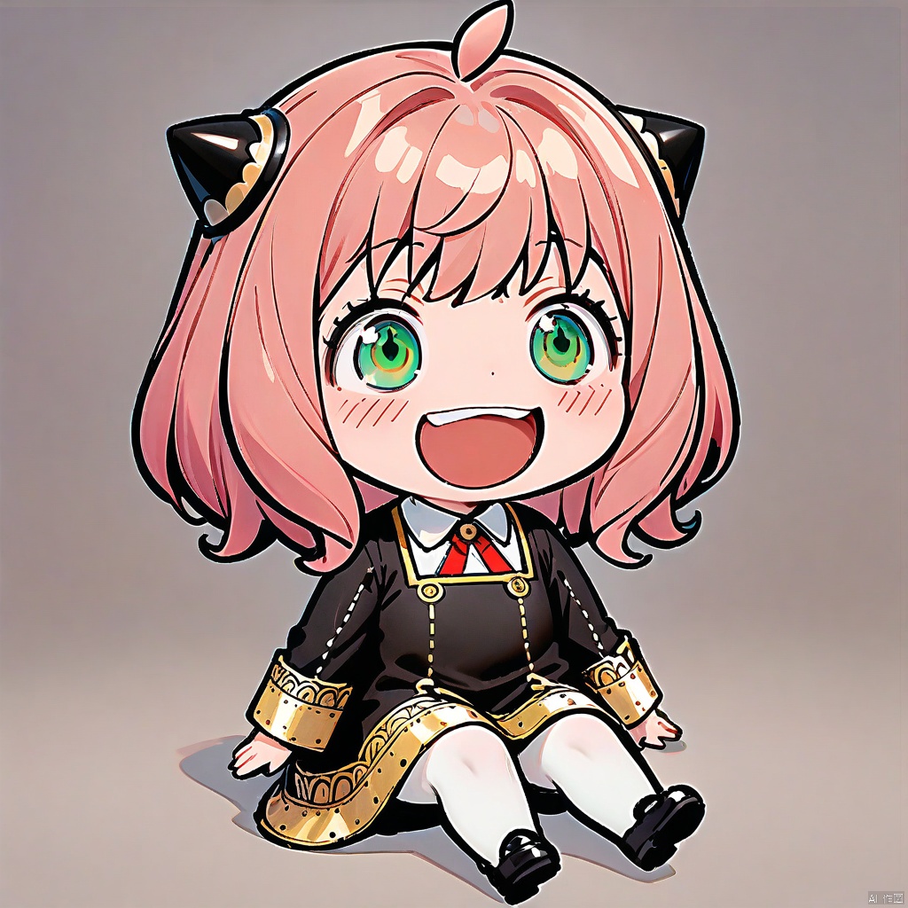 smile, :d, chibi,(masterpiece),(best quality),Anya Forger, 1girl, anya \(spy x family\), solo, female child, pink hair, green eyes, school uniform, eden academy school uniform, smile, dress, sitting, looking at viewer, open mouth, black footwear, black dress, child, shirt, :d, long sleeves, full body, shoes, medium hair, bangs, ahoge, white pantyhose, collared shirt