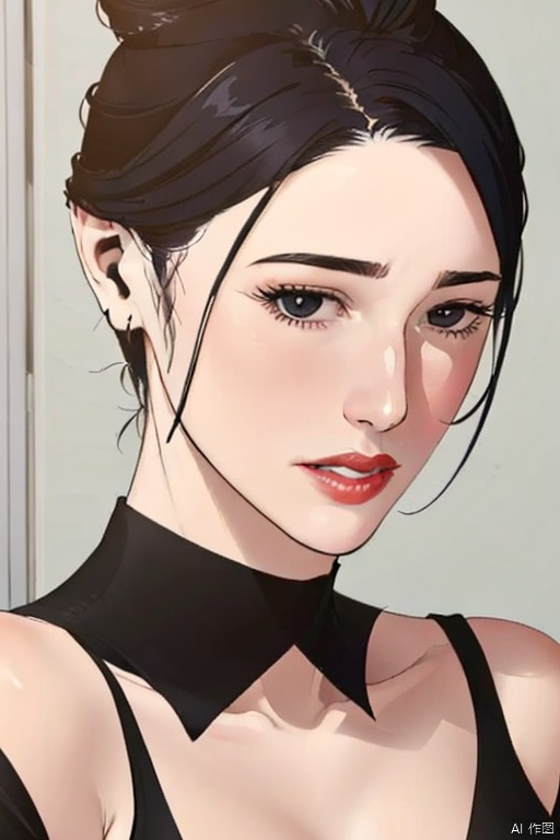 
solo

looking at viewer

short hair

black hair

parted lips

hair bun

mole

black eyes

black shirt

portrait

mole under mouth